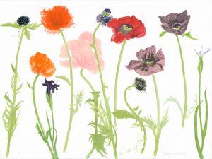 Screen print showing a number of oriental poppies in different shades of pink, red and purple. Image also shows the stems and leaves of the flowers. These are shades of green. The image extends to the edges of the paper.